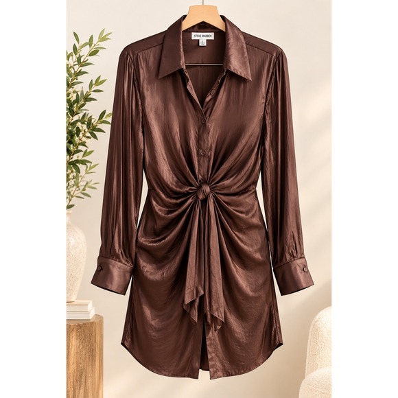 Steve Madden Dresses & Skirts - Steve Madden Tie Curious Satin Shirt Dress L Chocolate Brown Tie Front Mini